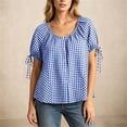 thumbnail image 5 of Edvintorg Button Up Shirt Women Plaid Printed Crew Neck Short Sleeve Loose Casual Blouses Summer Tops for Women Blue L, 5 of 8