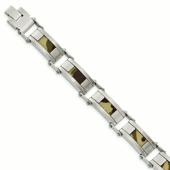 Stainless Steel Satin w/Brown Camo Fabric Inlay 8.5in. Link Bracelet 8.5 Inch "Bracelets