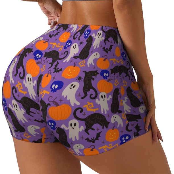 Fotbe Halloween Black Cats Shorts Sin Costuras – Shorts Deportivos de Cintura Alta para Mujer, Elásticos para Gimnasio, Yoga, Running o Ciclismo-Medium