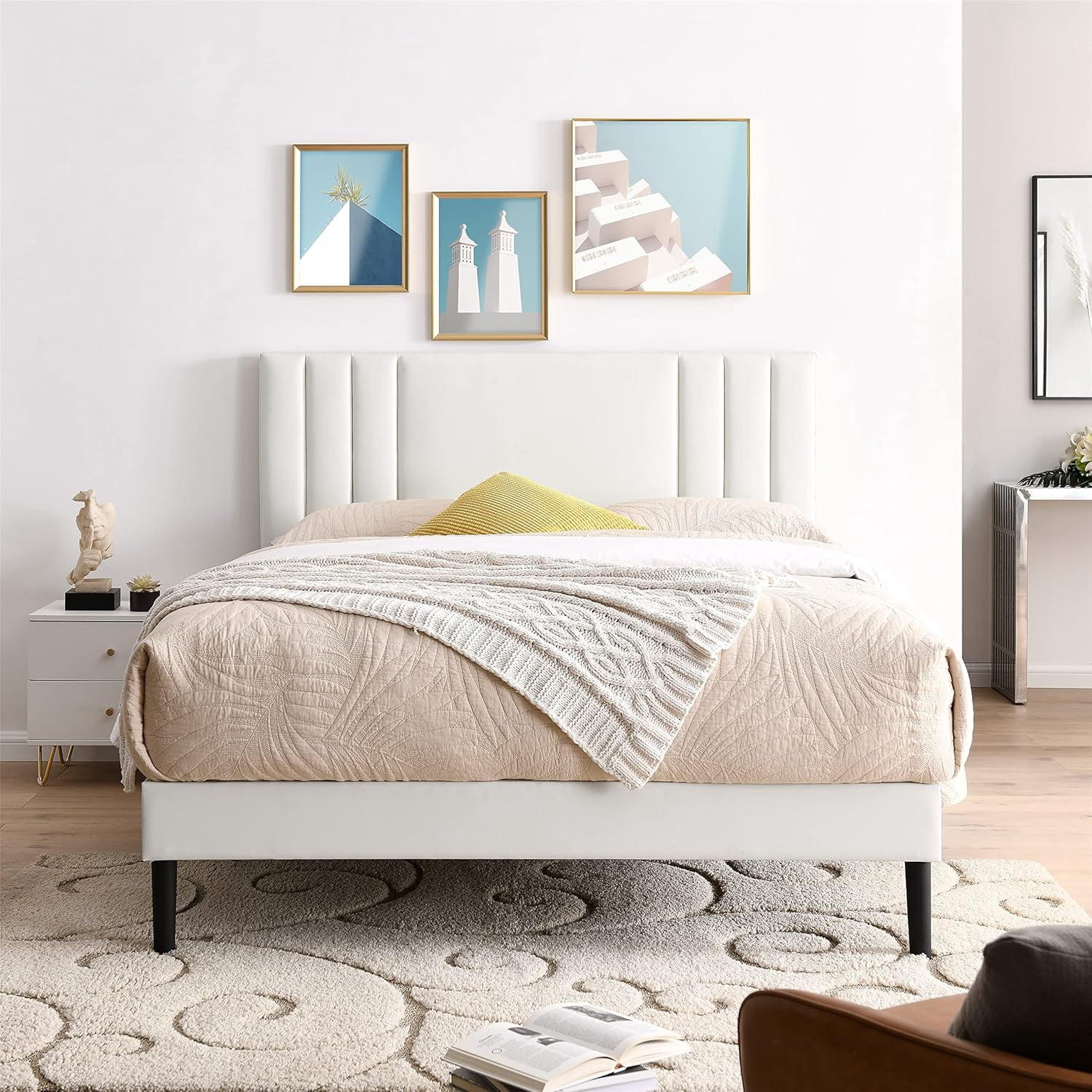 AENKYO Queen Size Platform Bed Frame with Leather Upholstered Headboard, White