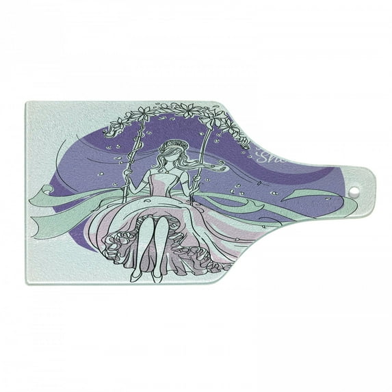 Bridal Shower Cutting Board, Bride Party Themed Image with Swings Florals Wedding Celebration, Tempered Glass Cutting and Serving Board, Wine Bottle Shape, Purple and Pale Pink, by Ambesonne