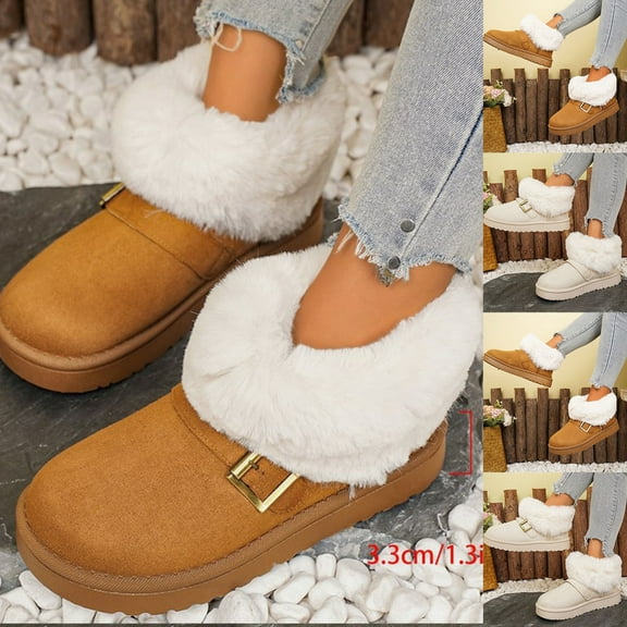 Gamivast Ankle Boots for Women Winter Slip-On Fuzzy Fleece Lined Warm Snow Booties Fashion Sherpa Collar Platformed Non-Slip Shoes Comfortable Chunky Flat Heel Round Toe for Outdoor Indoor