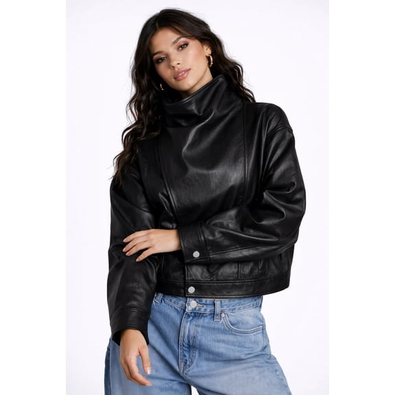 Forever 21 WGA Funnel Neck Butter Faux Leather Zip Front Jacket, Color-Black, Size-S
