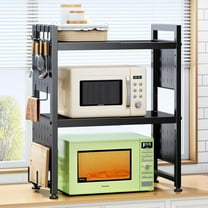 Expandable Microwave Stand, Heavy Duty 3-Tier Adjustable Microwave Oven Rack Shelf with 8 Hooks & 2 Holders, Space-saving Kitchen Counter Shelf for kitchen organizers and storage, 200lbs Capacity