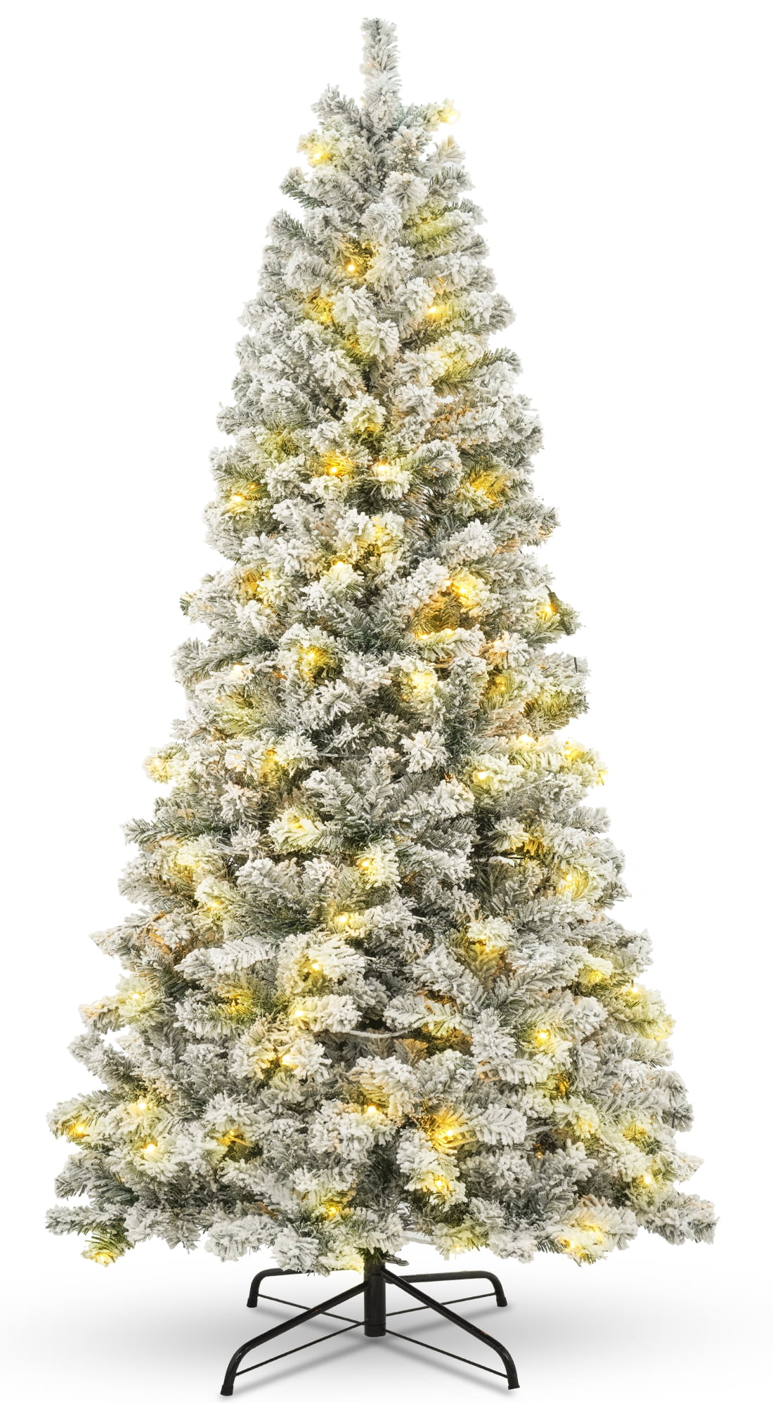 Posrue 6.5ft Pre-Lit Snow Flocked Slim Christmas Tree with 1000 Tips 250 Warm Lights, Hinged Artificial Holiday Xmas Pine Tree, White