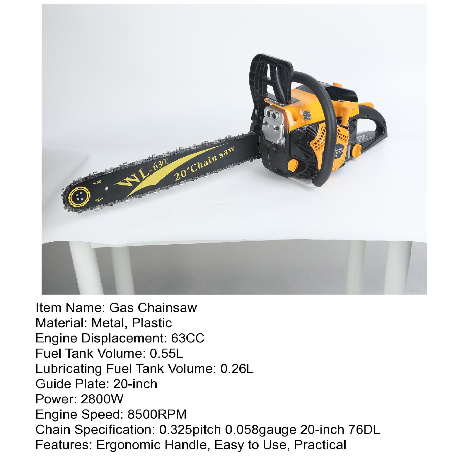 DJZ 20 Inch Gas Chainsaw 63 2 Cycle 2800w 8500 Rpm Portable Chainsaw Yellow