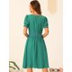 thumbnail image 3 of Vestido de mujer con cuello cuadrado, manga corta, línea A, cintura fruncida Verde XL, 3 of 6