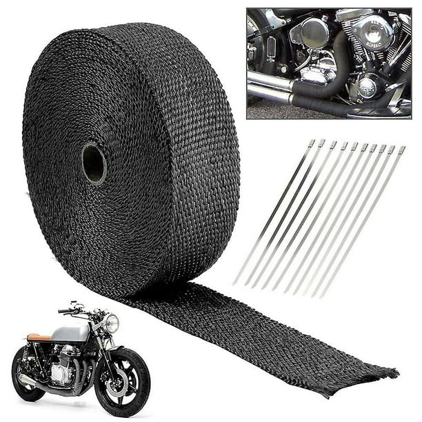 Cinta térmica de escape negra de 10 m, cinta aislante de escape de motocicleta con 10 abrazaderas autoblocantes de acero inoxidable para calor del tubo del colector de escape de la motocicleta