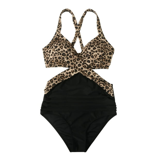 Mialoley Women Swimming Bodysuit with Leopard Print, Hollow Skinny