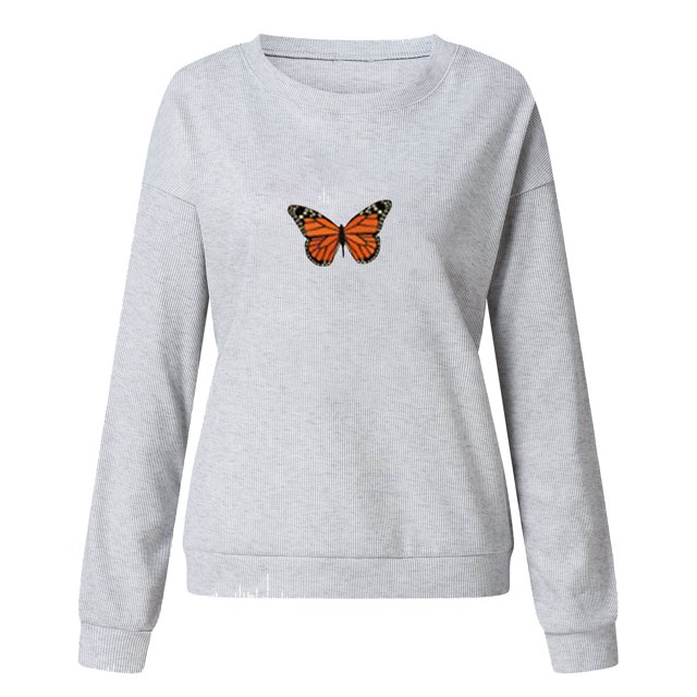 Mode Femmes Imprimé Papillon Couleur Unie Pull Manches Longues