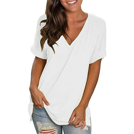 

LWZWM Womens Summer Tops Dressy Business Casual Work Blouse Plus Size Tee V-Neck Short Sleeve Solid Color White XL