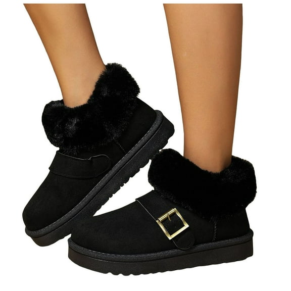 Womens Winter Snow Boots 2025 Fashion Buckle Cozy Warm Fuzzy Fleece Lining Suede Platform Mid Calf Ankle Booties for Cold Weather Black Size 6