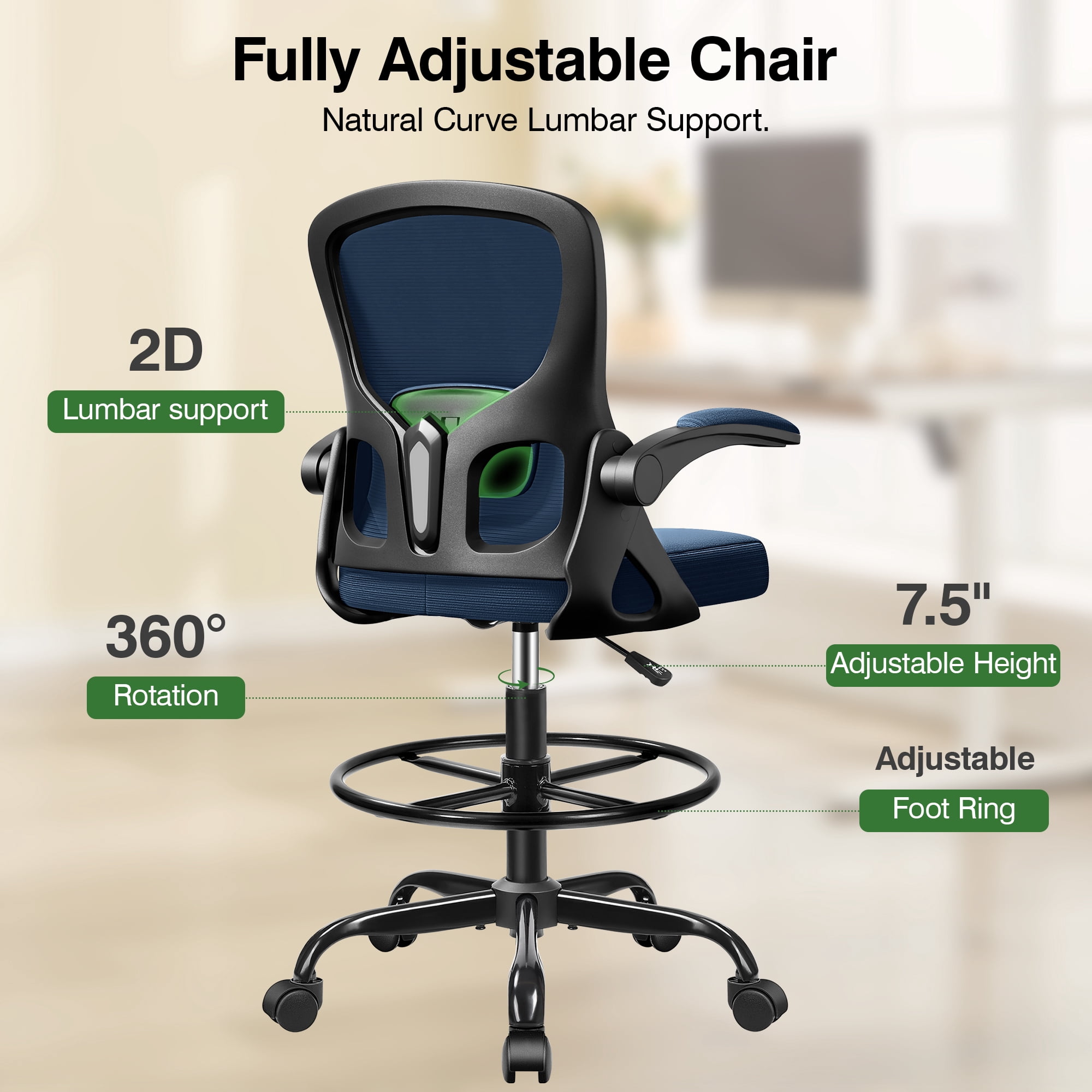 ATHOPE Office Chair Ergonomic Desk Chairs, Mesh Computer Chair with Flip-up Armrests, Adjustable Home Office Desk Chair with Lumbar Support Footrest Ring for Standing Desk, Navy Blue