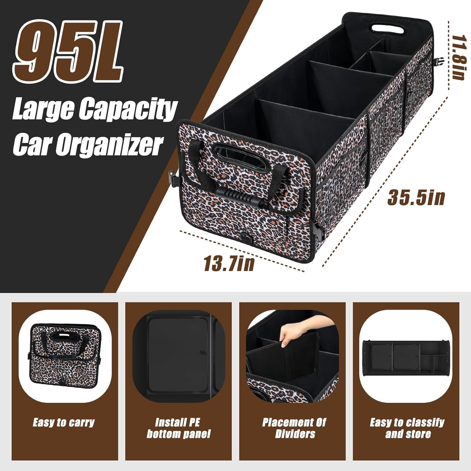 Leopard Print Trunk Organizer - 95L Large Capacity, Non-Slip Bottom, Waterproof, Portable Car Storage for SUV, Truck, Sedan