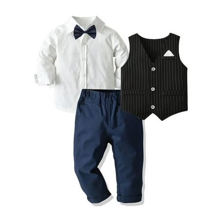 

uukiA 12-24 Months And 2-6 Years Child Baby Boy Gentlemen Style Turn-down Collar Shirt Vest Tie And Trousers 4PCs Outfits Suit