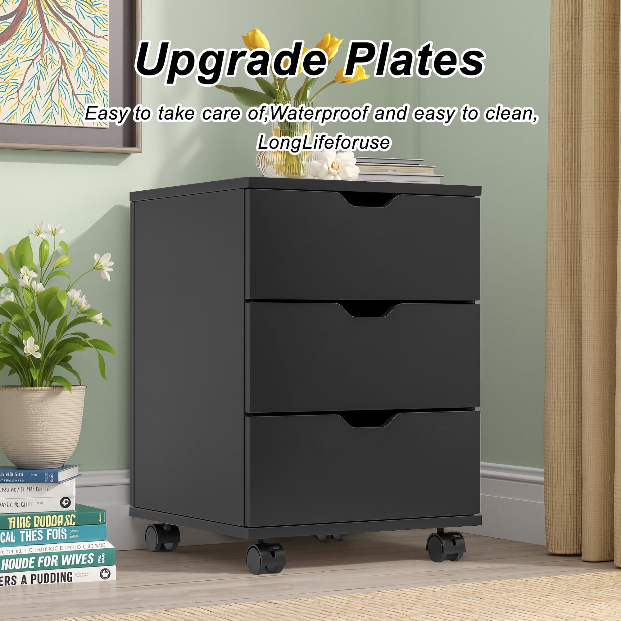 MAYEERTY 3-Drawer Vertical Wood Filing Cabinet with Casters for Home Office, Black, Non-Assembled