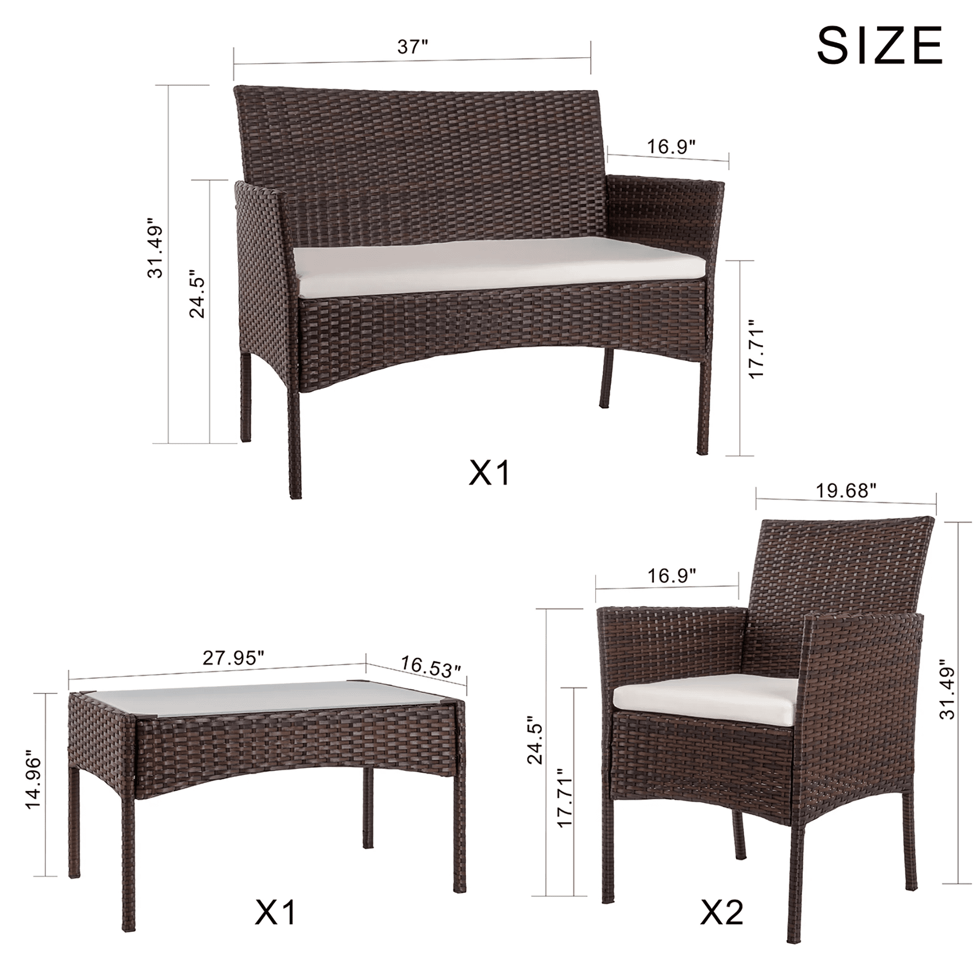 Walsunny 4 Pieces Patio Rattan Furniture Set,Wicker Conversation Set with Cushions and Tempered Glass Tabletop,Brown