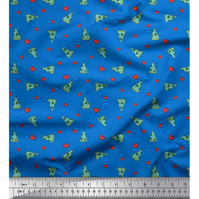 Soimoi Polyester Crepe Fabric Heart & Pizza Slice Food Printed Fabric 1 Yard 52 Inch Wide
