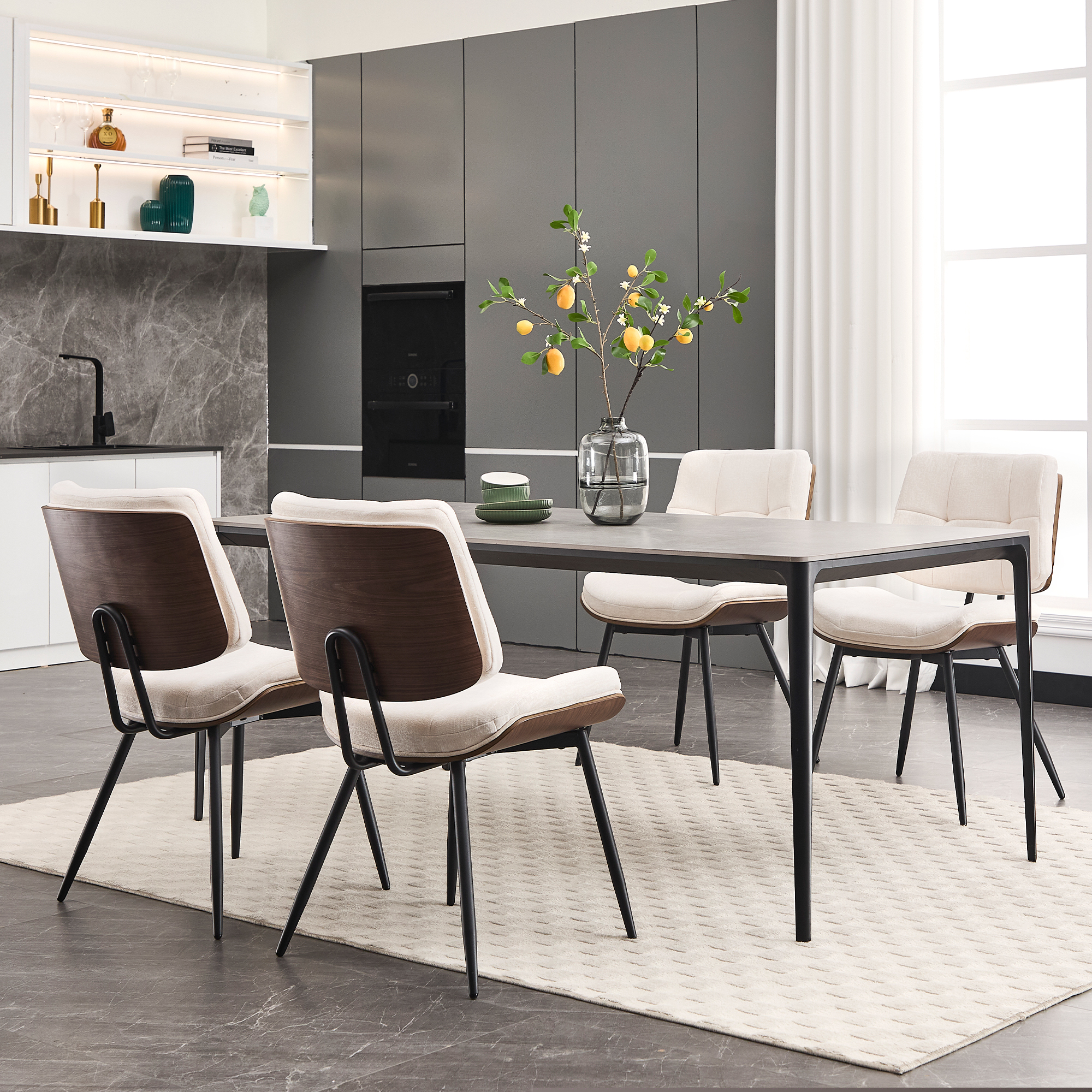 Dining Chairs Set of 4, Mid-Century Modern Kitchen & Dining Chairs, Fabric Upholstered Accent Chairs with Metal Legs, Walnut Style Armless Side Chairs for Guest Reception Waiting Room, Beige