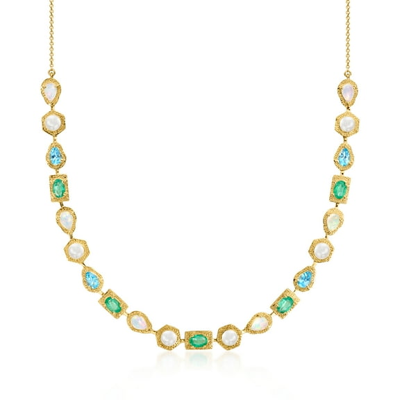 Ross-Simons Opal and 4.5-5mm Cultured Pearl Necklace With 2.40 ct. t.w. Emeralds and 2.00 ct. t.w. Swiss Blue Topaz in 18kt Gold Over Sterling, Women's, Adult