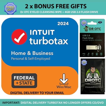 [New Version] TurboTax Home & Business 2024 Tax Software, Federal & State Tax Return [PC/MAC Download] - Brand New - BONUS FREE Dr OTC Eyelid Cleansing Wipe + FREE Dr OTC USB Drive 4GB
