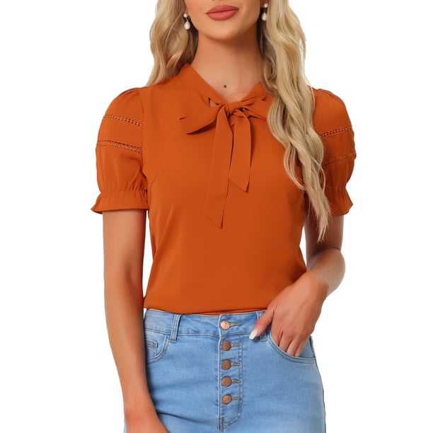 INSPIRAR CHIC Blusa de manga corta con volantes y cuello de lazo para mujer en rojo anaranjado S