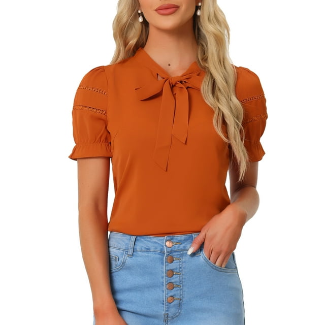 INSPIRAR CHIC Blusa de manga corta con volantes y cuello de lazo para mujer en rojo anaranjado S