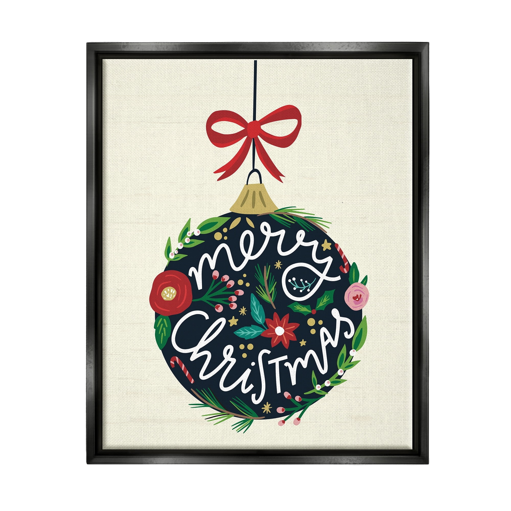 Stupell Industries Merry Christmas Hanging Botanical Ornament Red Bow Graphic Art Luster Gray Floating Framed Canvas Print Wall Art, Design by Louise Allen