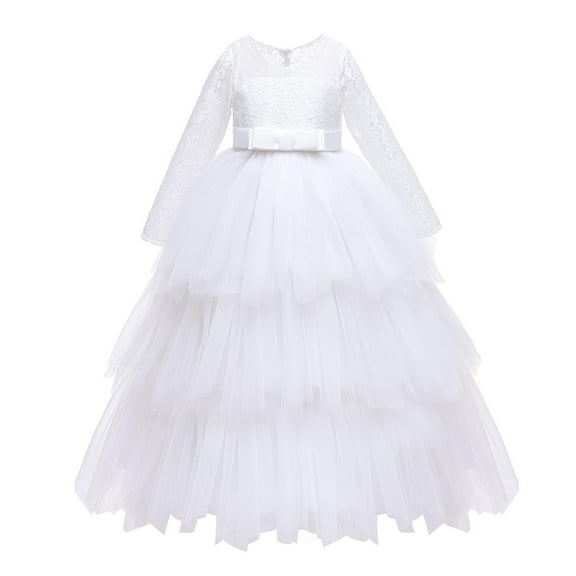 AUNVITO Girls Tiered Tulle Dress Bow Detail Round Neck Long Sleeve Princess Party Dress for Birthday Pageant Performance