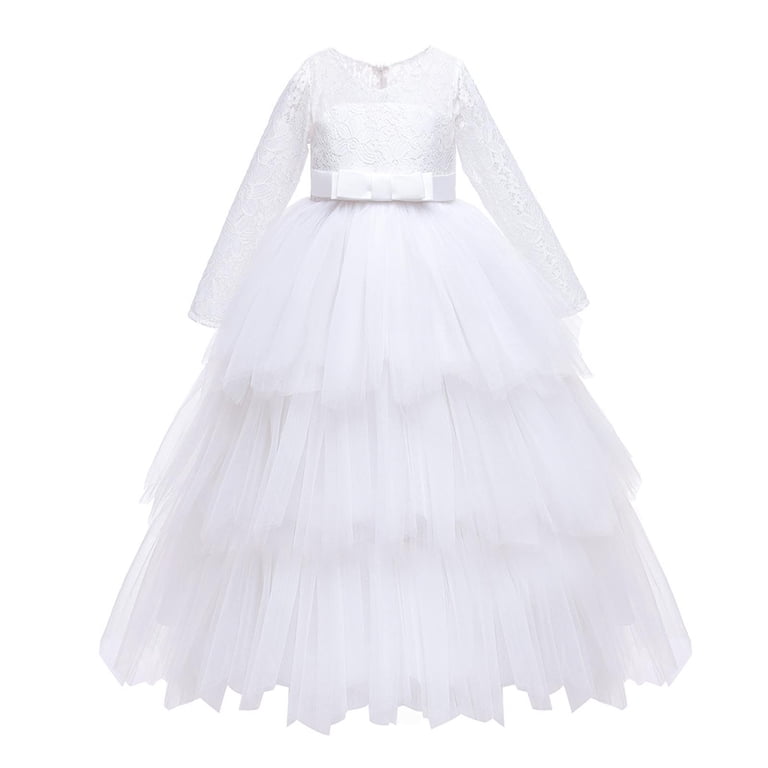 Spazoro Girls Princess Formal Dress, Long Sleeve Solid Color Mesh Bow Knot  Dresses for Party White Size 7 T - Walmart.com