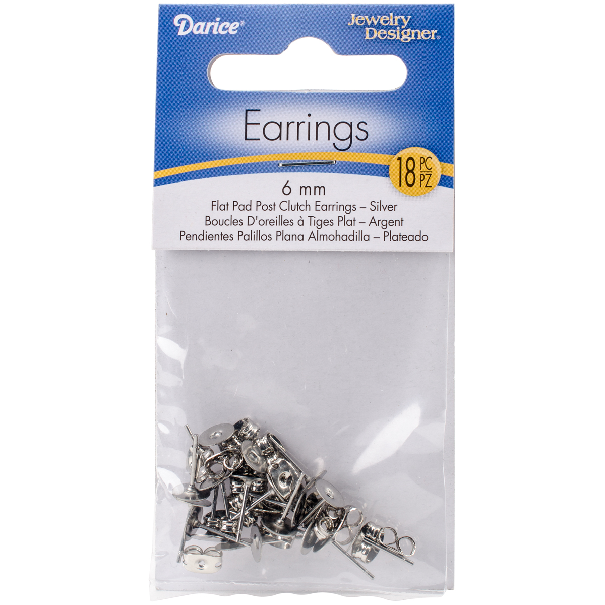 Flat Pad Earring Posts & Butterfly Clutches 6Mm 18/PkgSurgical Steel