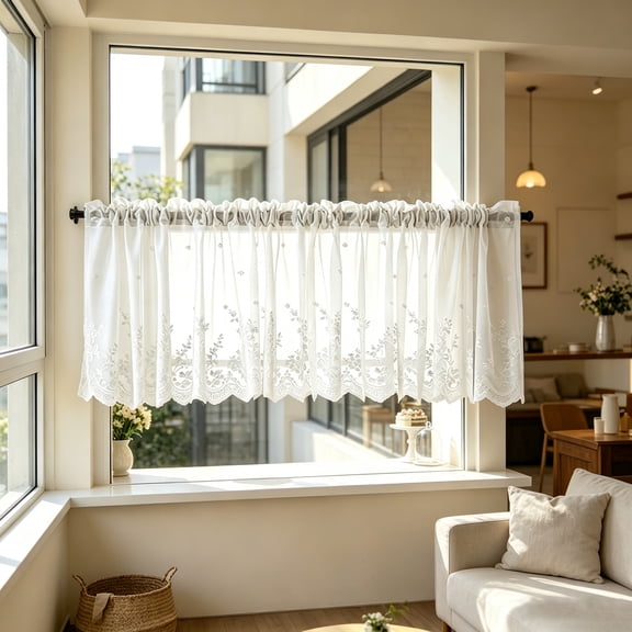 XmhyTop-A Short Curtain Valance, Boho Lace Valance, Farmhouse‑Style Window Valance, Decorative Polyester Window Curtain Topper for Kitchen, Living Room, Cafe, Bathroom, 130*41cm, 1‑Pack,White