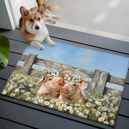 Floral Pigs Washable Entry Rug 2x3 Retro Oil Painting Farmhouse Daisy Pig Blue Sky Low Pile Indoor Door Mat with Rubber Backing Thin Area Rug for for Entrance Bedroom Kitchen Laundry Bathroom