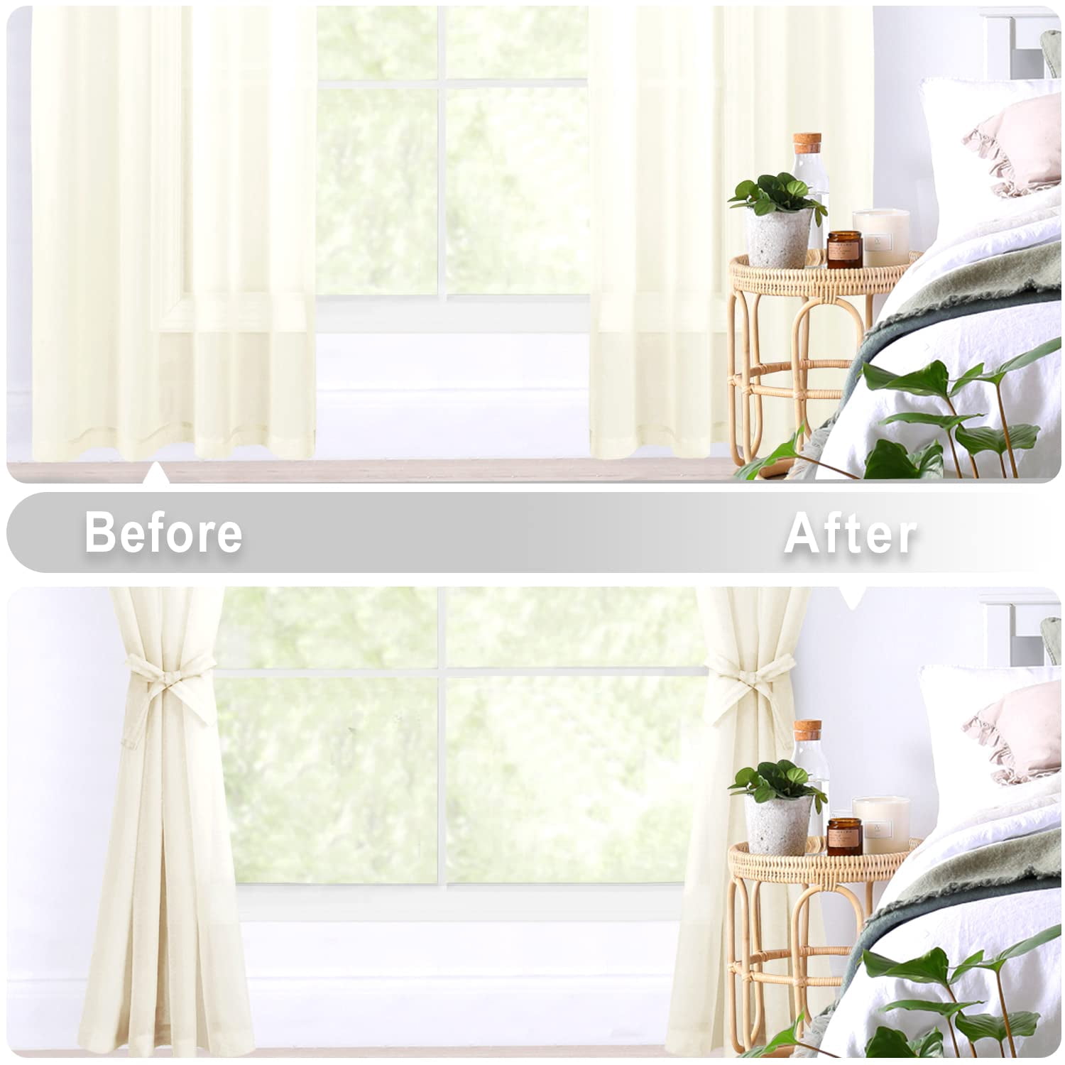 Hiasan Ivory Sheer Curtains with Tiebacks-Light Filtering Contemporary Window Drapes for Living Room, Bedroom, Grommet, 52" x 90", Set of 2
