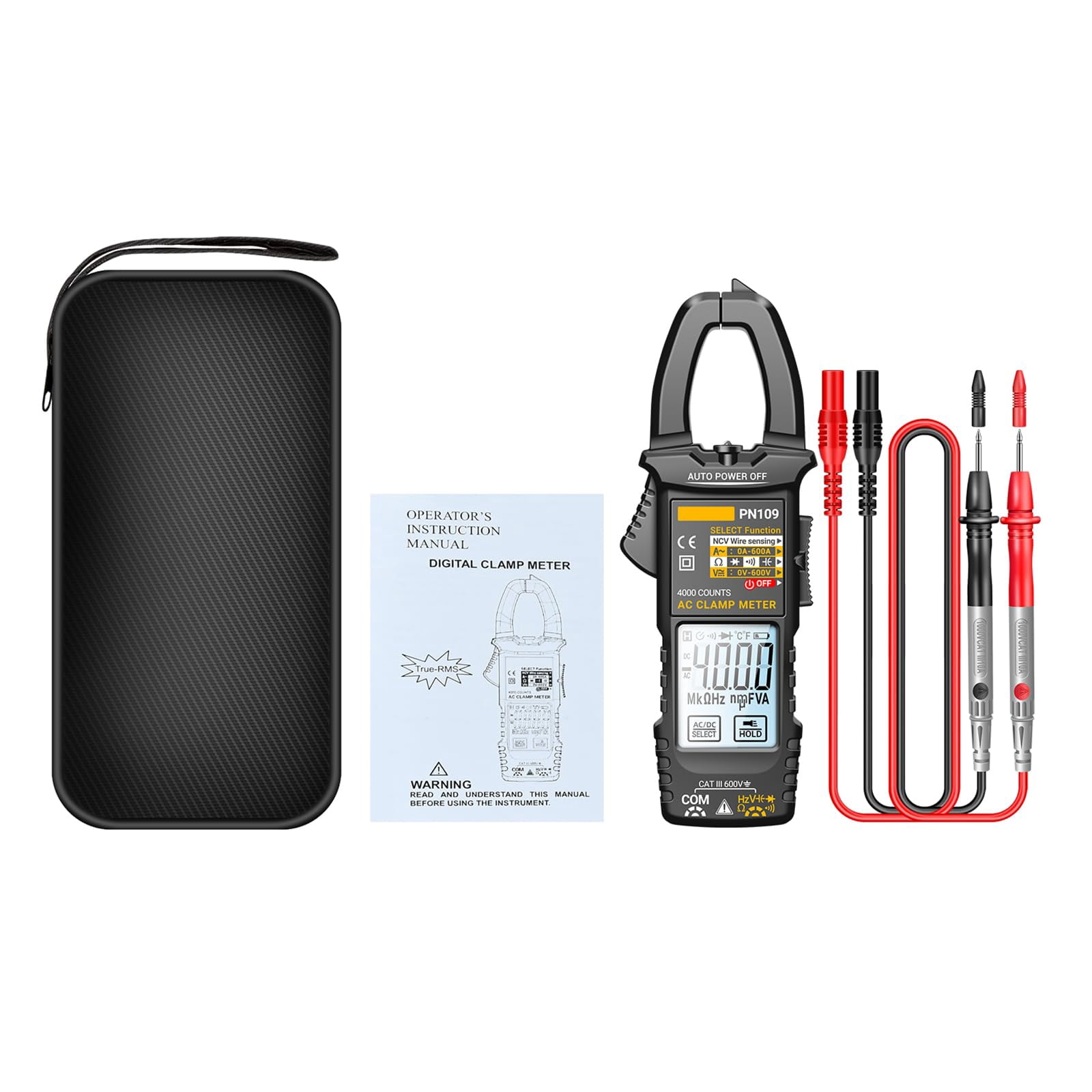 PN109 Multimeter 4000 Counts Digital Display Clamp Meter Tester Battery Operated(NOT Included)