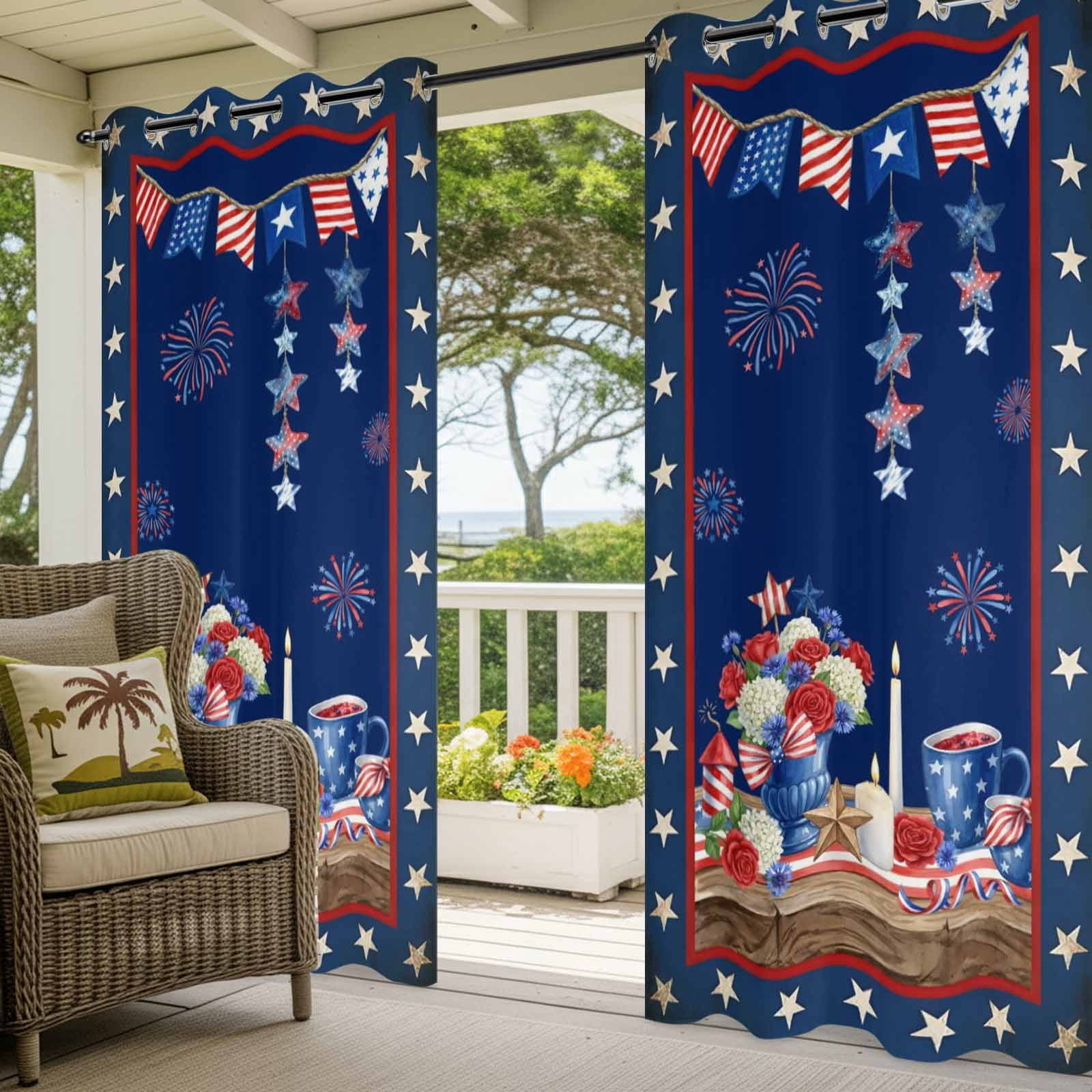 Independence Day Outdoor Curtains for Patio, Retro Red Blue USA Flag Floral Star Dark Blue Sunshade Privacy Drapes Grommet Waterproof Outside Curtains for Porch/Cabana/Balcony 54"x 108", 1 Panel