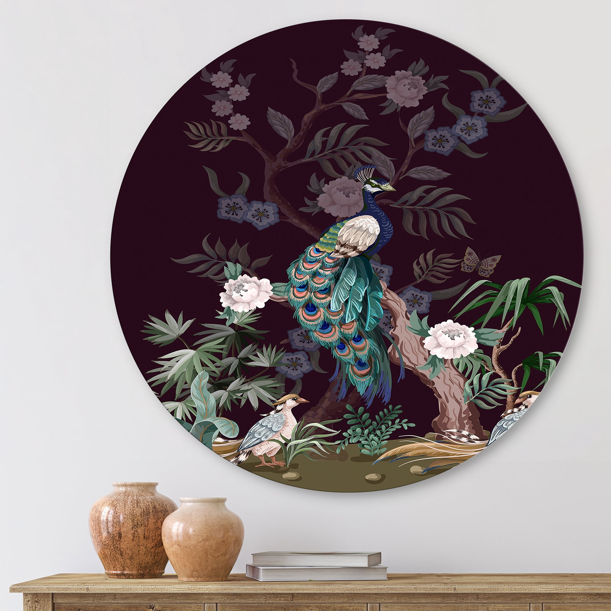 Designart 'Chinoiserie With Peonies and Birds V' Traditional Circle Metal Wall Art 11x11 - Disc of 11
