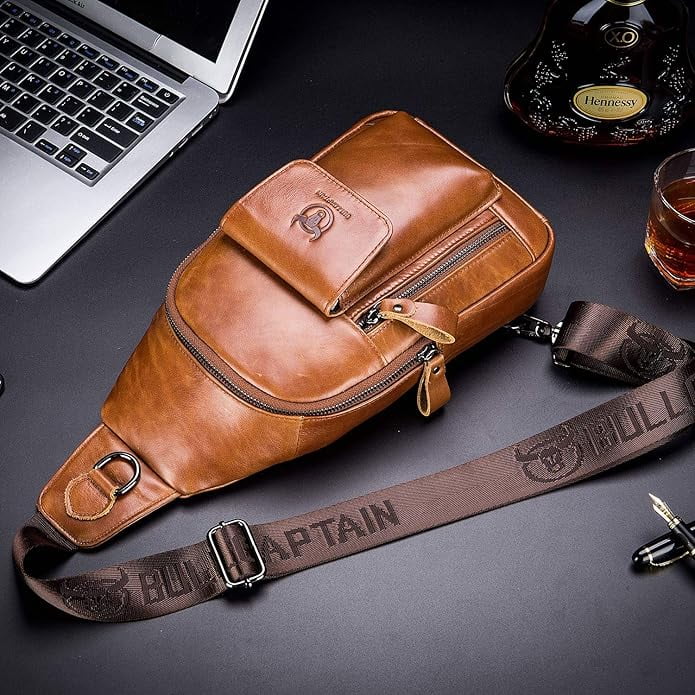 BULLCAPTAIN Genuine Leather Sling Bag for Men, Crossbody Chest Backpack with Adjustable Strap, Zipper Closure,Brown