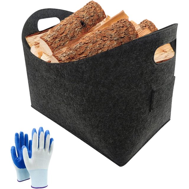 FlkwoH Bolsa de fieltro con asa, cestas de fieltro para madera de chimenea, bolsa de almacenamiento de fieltro para troncos, leña, ropa, troncos, con guantes de nitrilo