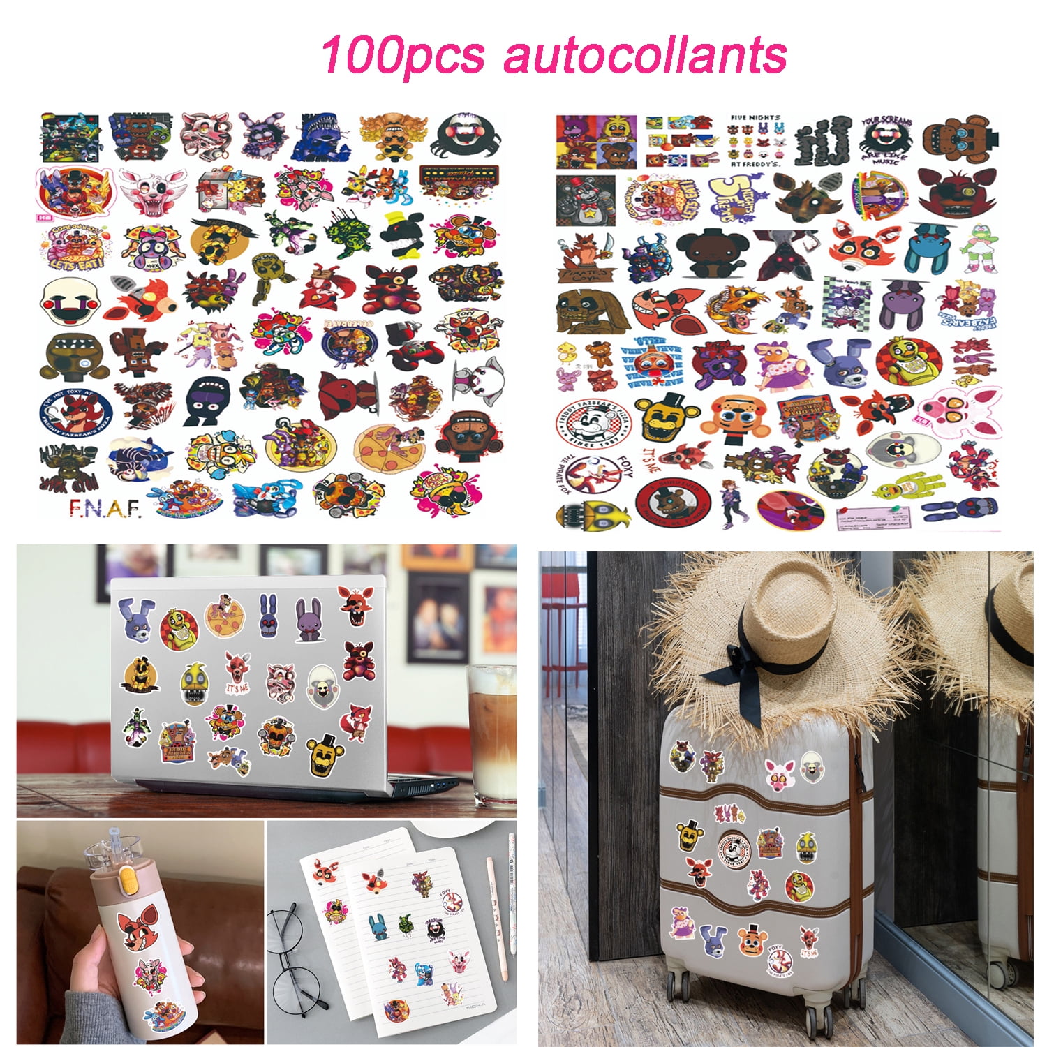Cute Freddy Action Figures Birthday Toys and 100pcs Stickers, With Button Lights Up Movable Joints Collectible Toys, Birthday | Children's Day | Christmas Gifts for Kids and Fans