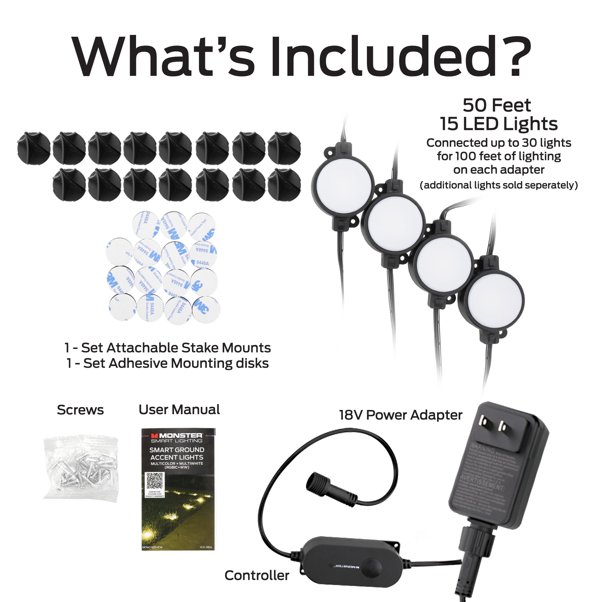 Monster Smart Lighting Outdoor Ground Lights, RGBICWW Multicolor Accent LED Yard Lights, for Christmas, Halloween, Party, Gameday and More, 50 ft