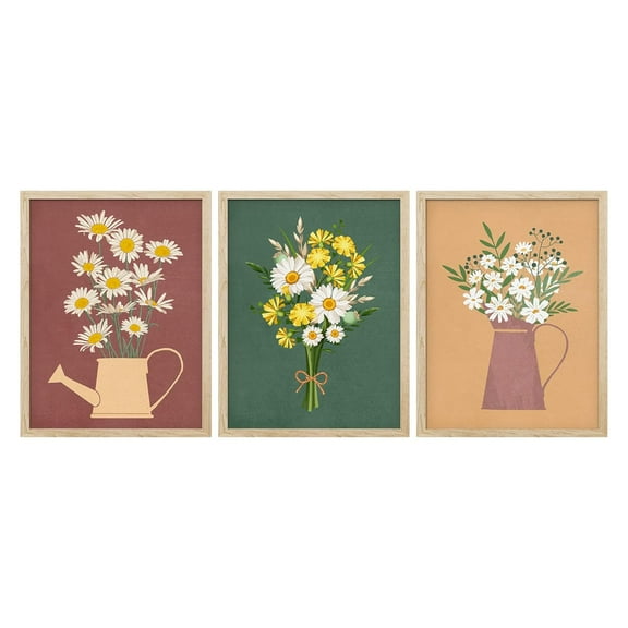 PixonSign Framed Canvas Print Wall Art Set - Watering Can White Daisy Flower Poster Art - Set of 3 Mid-Century Modern Floral Botanical Wall Décor Boho Relax/Clam for Living Room - 12"x16"x3 Natural