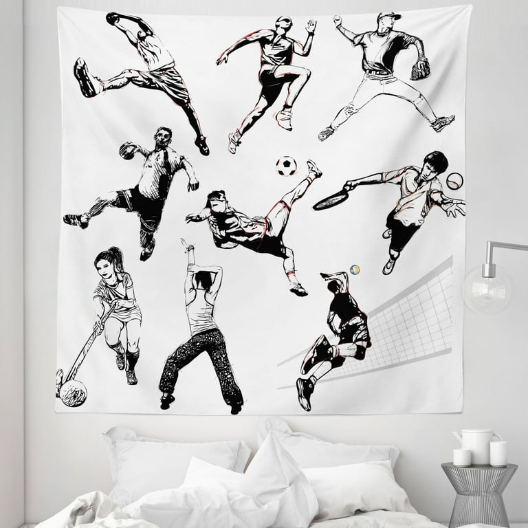 Sketch Tapestry Muscular Energetic Athletes in Different Poses