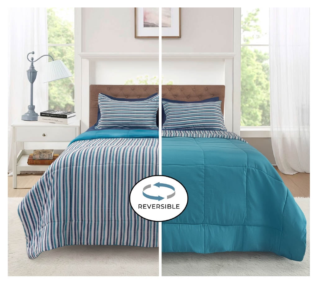 Mainstays All in One Reversible Comforter and Sheet Set- 7 Piece, King, Blue Pinstripe