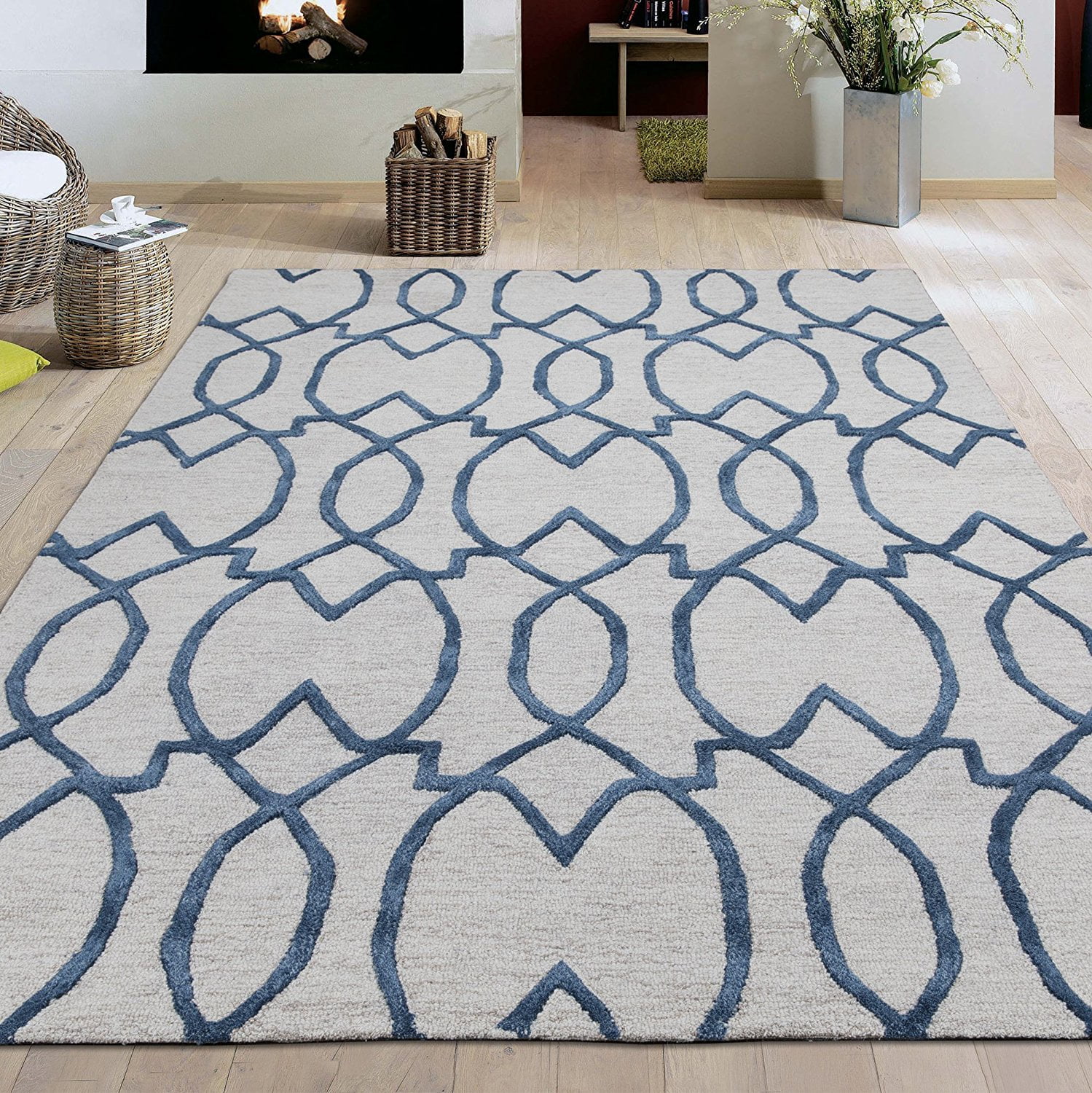 Ottomanson HandTufted Hampton Collection Natural Wool Damask Trellis