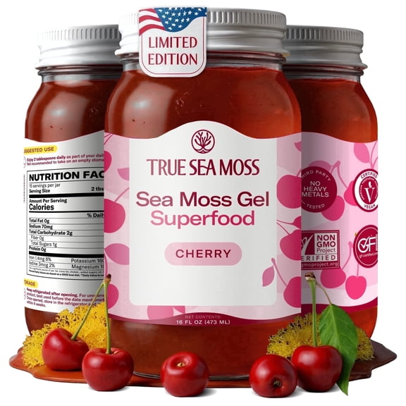 TrueSeaMoss Wildcrafted Irish Sea Moss Gel – Cherry, 1 Pack, Natural Seamoss – 16 fl oz Flavored Seaweed Snack