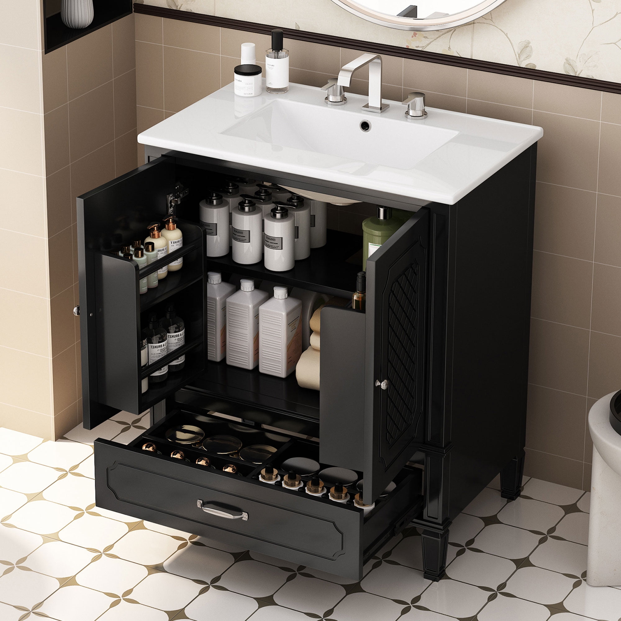 Euroco 30" Bathroom Vanity with Sink Vintage Style, Multi-functional Storage Space, Door Shelf, Soft-closing Door, Black (same sku: N759P218644B)