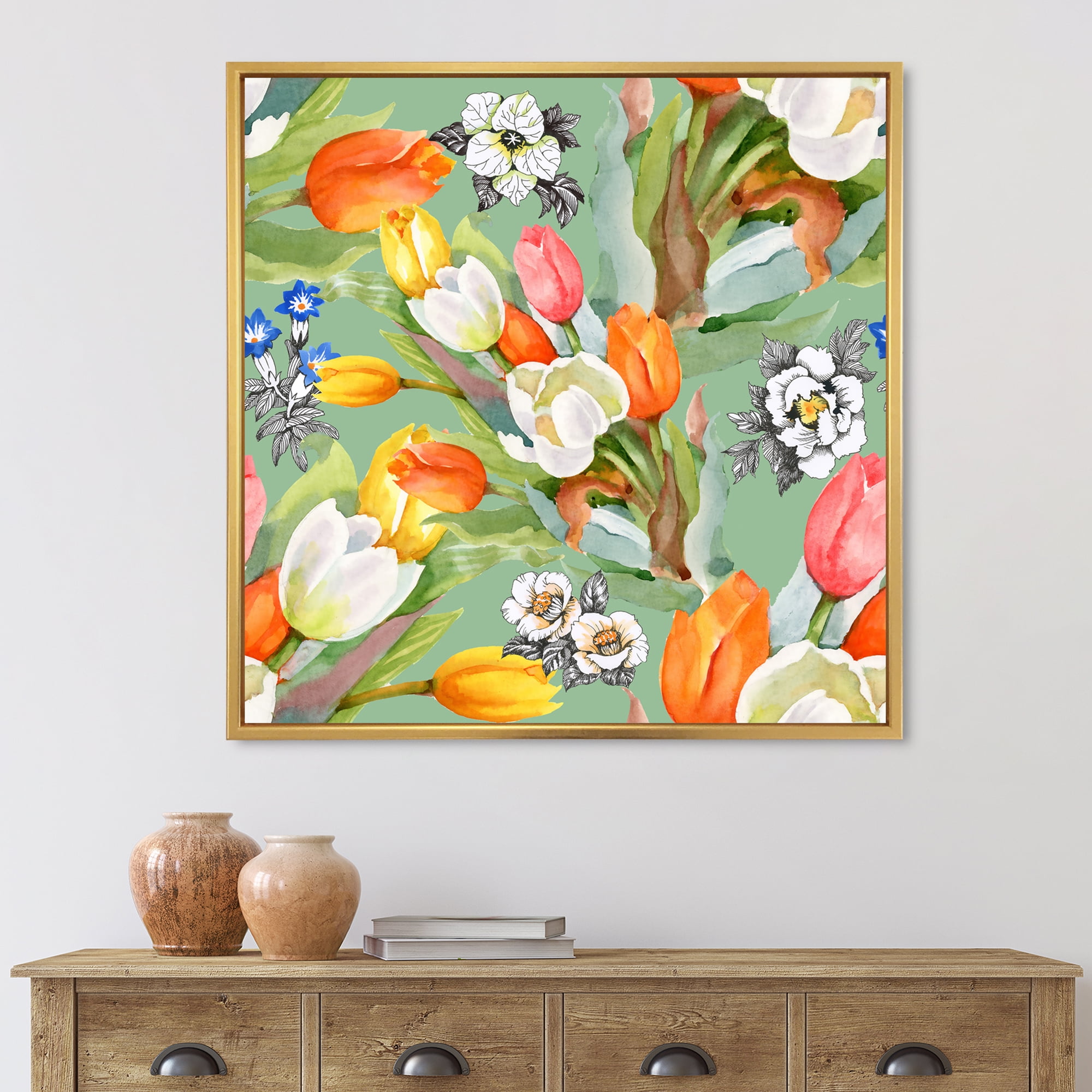 Designart 'Blooming Orange and White Tulips II' Traditional Framed Canvas Wall Art Print
