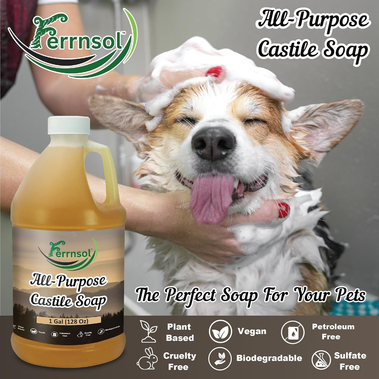Ferrnsol Liquid All Purpose Castile Soap, Unscented Refill, 1 Gallon