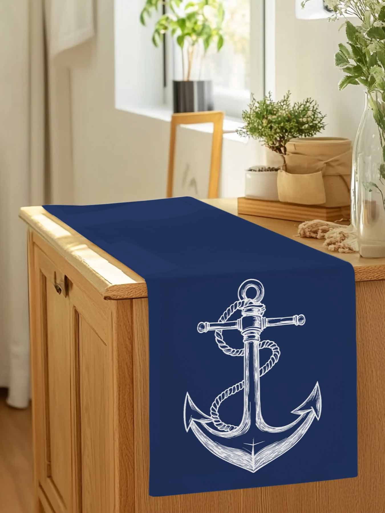 Nautical Sailing Anchor String Sketch Table Runner 90 Inches Long, Marine Navy Blue White Table Runners Tabletop Scarf Kitchen Dining Tables Decoration for Home Party Indoor Outdoor